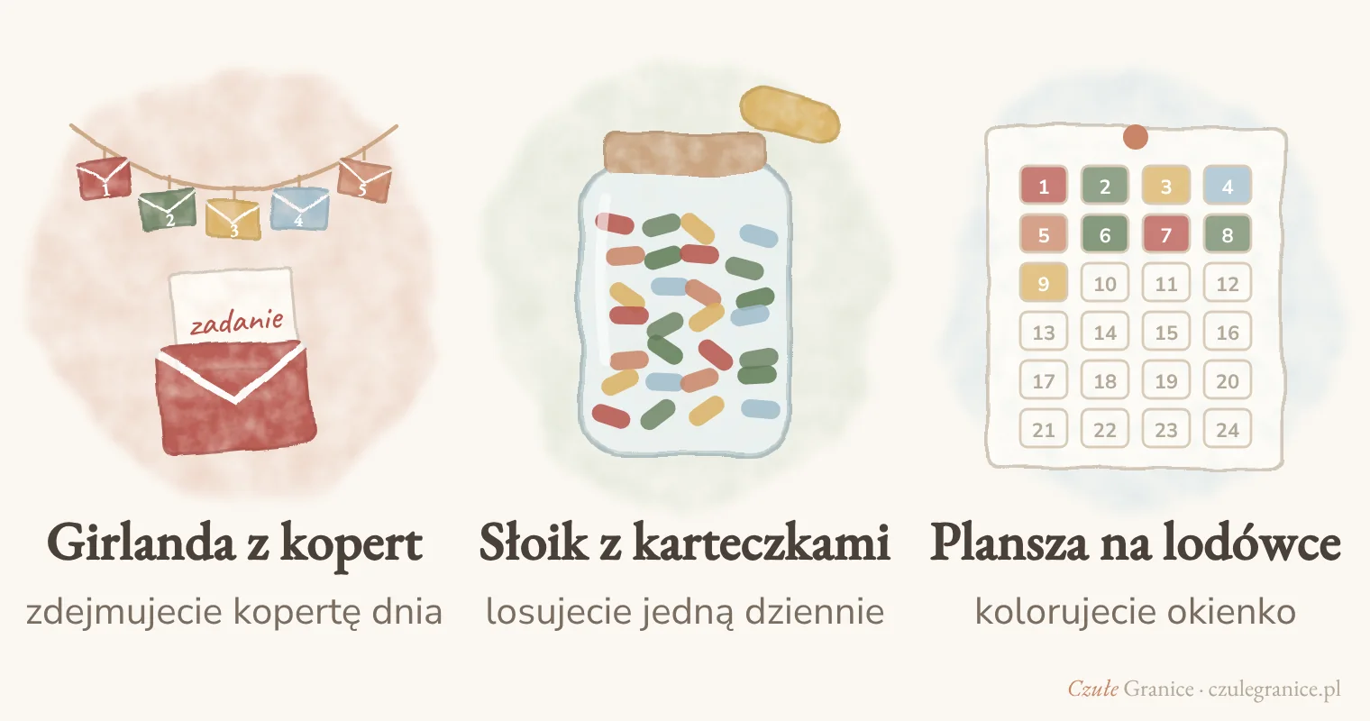 Trzy sposoby na domowy kalendarz adwentowy: girlanda z 24 kopert, słoik z karteczkami do losowania i plansza z 24 okienkami do kolorowania na lodówce