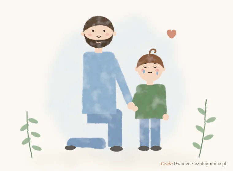 Ilustracja: tata kuca przy zapłakanym maluchu i trzyma go za rękę